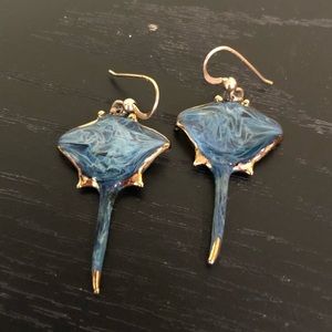 Manta Ray Blue Glass & Gold Earrings